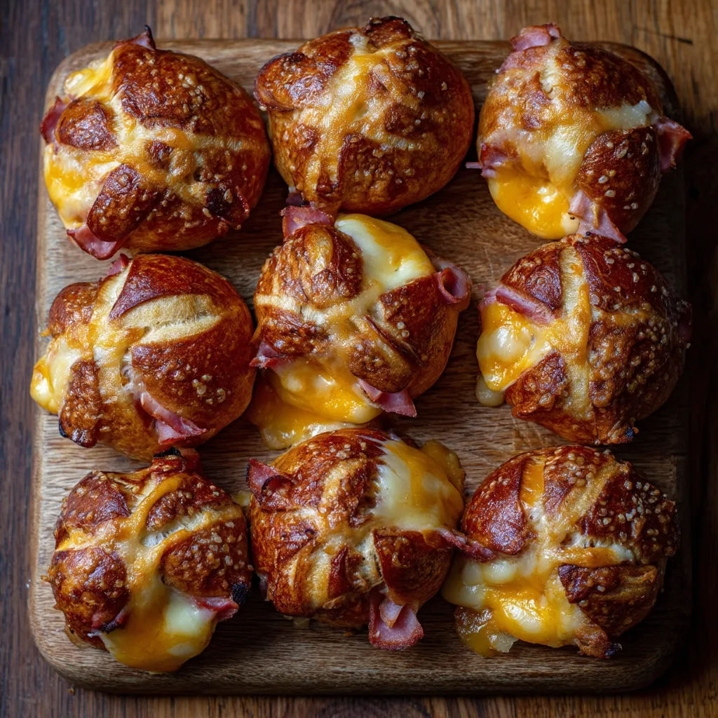 Eine Schüssel mit sechs Mini Pretzels, die mit Ham und Käse gefüllt sind.