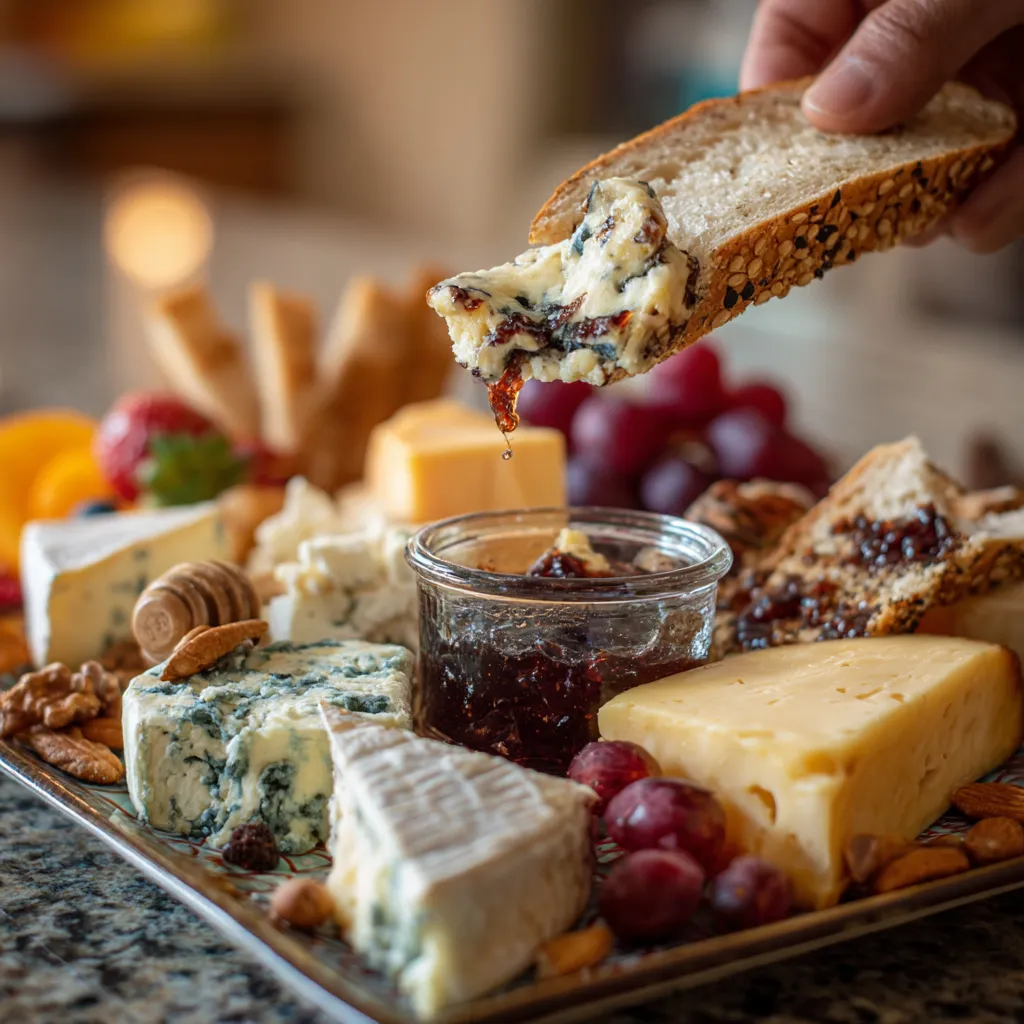 Eine Platter mit verschiedenen Käsearten und einer Sauce, die als Dip oder als Brotaufstrich verwendet werden kann.
