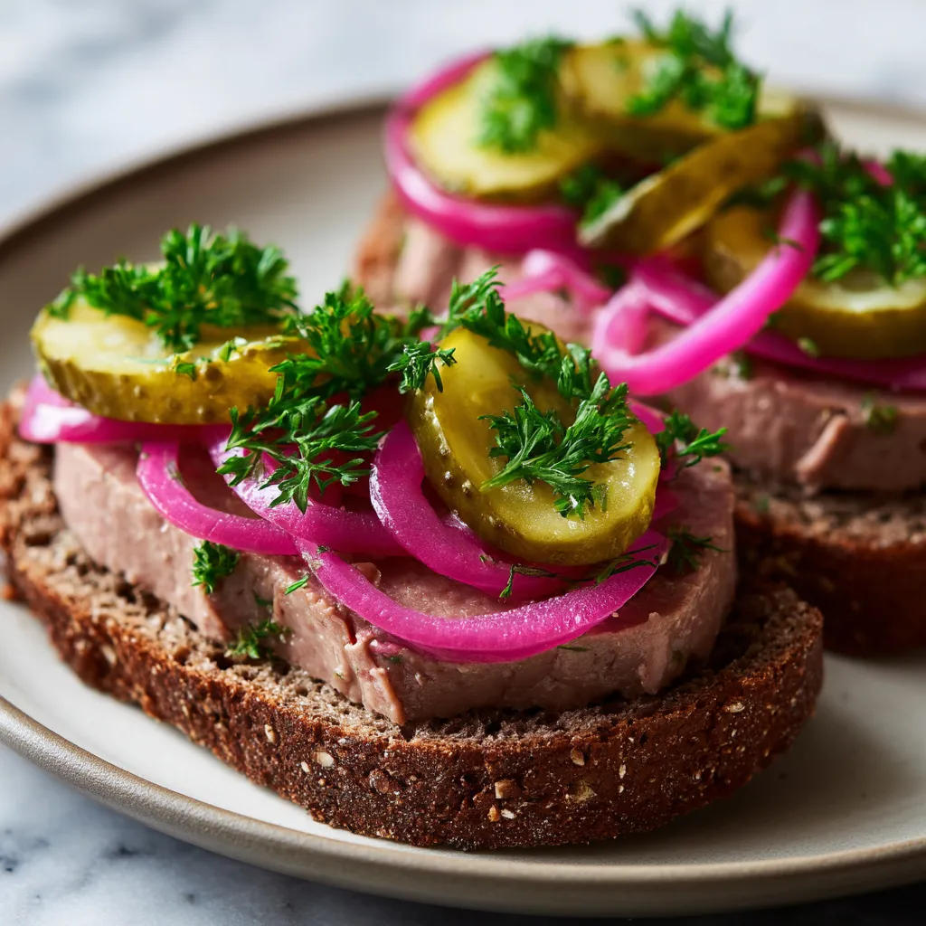 Eine Platte mit zwei Scheiben Liverwurst auf Pumpernickel.