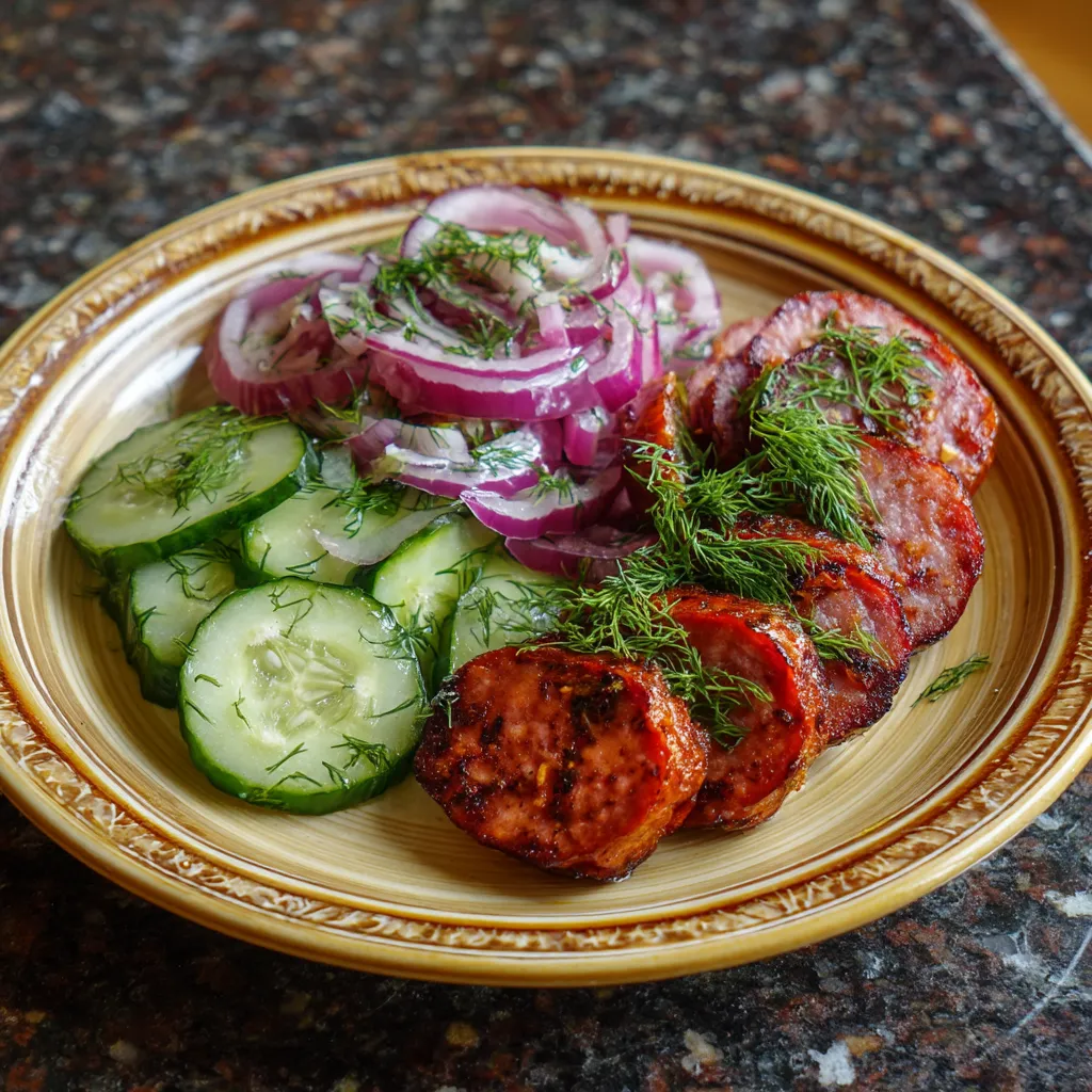 Ein Plate mit kalter Wurst in Scheiben und einer Salat aus Zucchini.