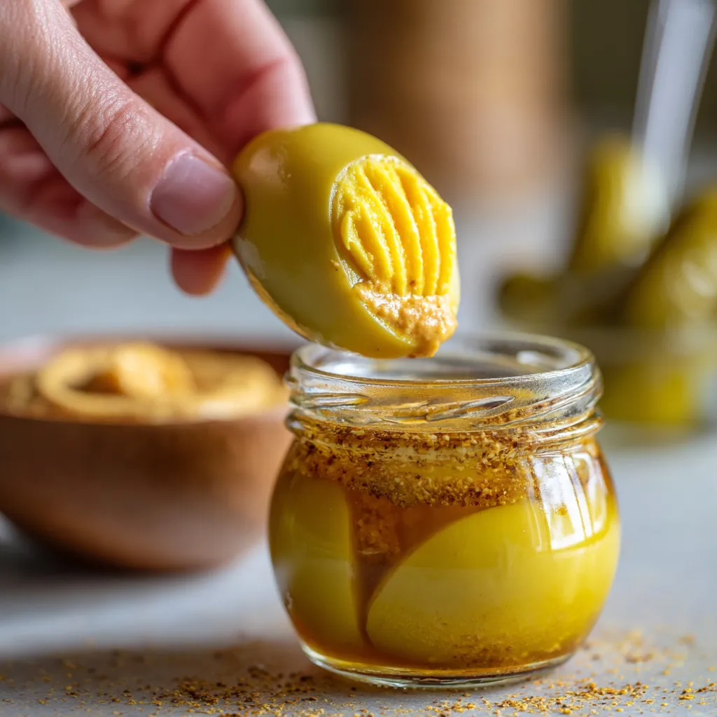 Ein Handgelenk, das eine Schale mit Pickled Eggs und Mustard Dip hält.