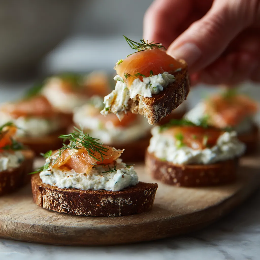 Ein Bild von Mini Rye Canapés mit geröstetem Lachs.
