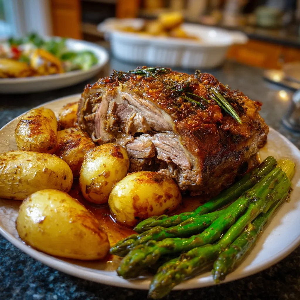 Ein Plate mit Roast Veal, Asparagus und New Potatoes.