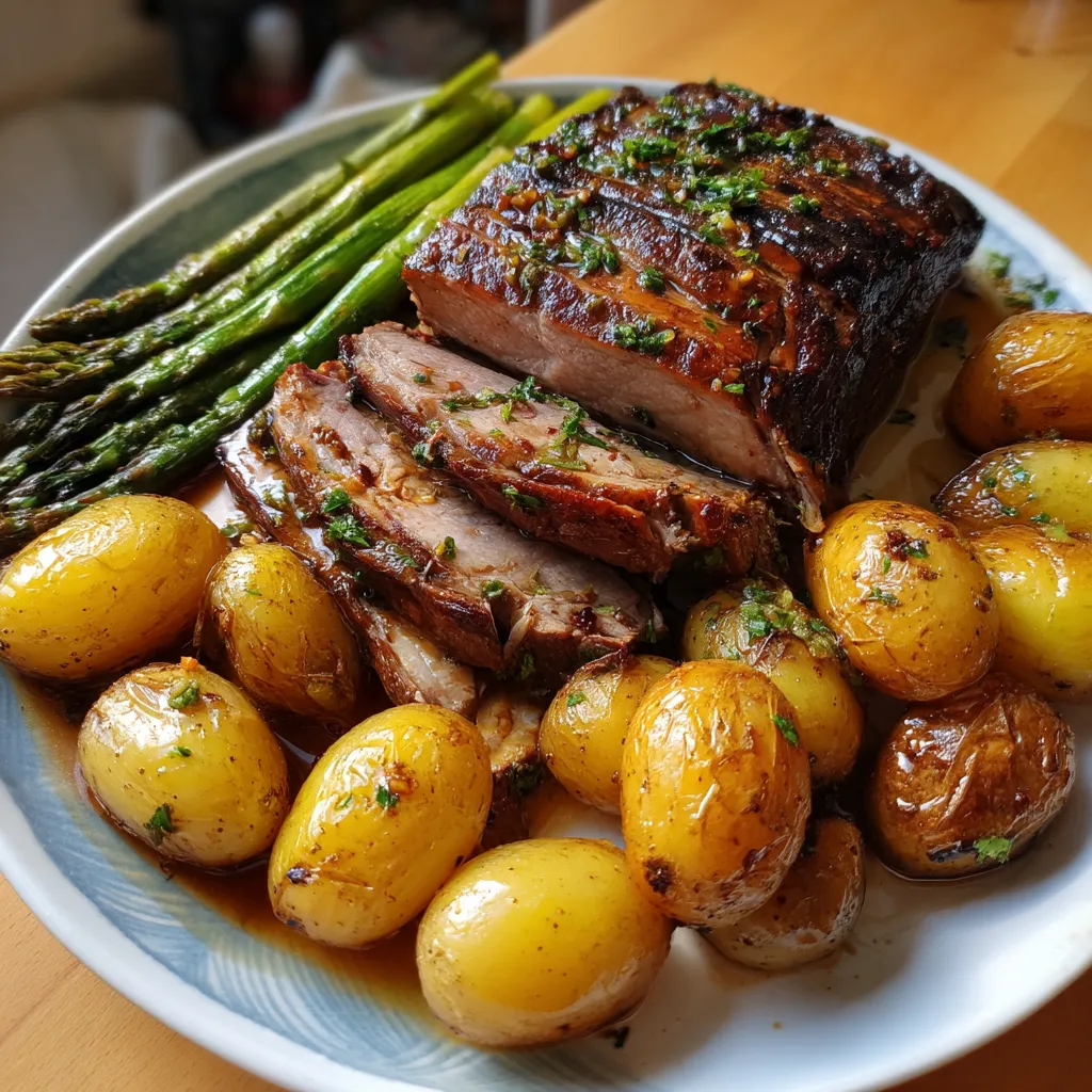 Ein Plate mit Roast Veal, Asparagus und New Potatoes.