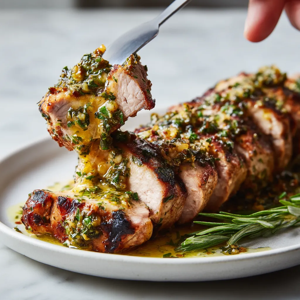 Ein Stück von Pork Tenderloin wird mit einer Sauce aus Senf, Herbs und Mustard zubereitet.