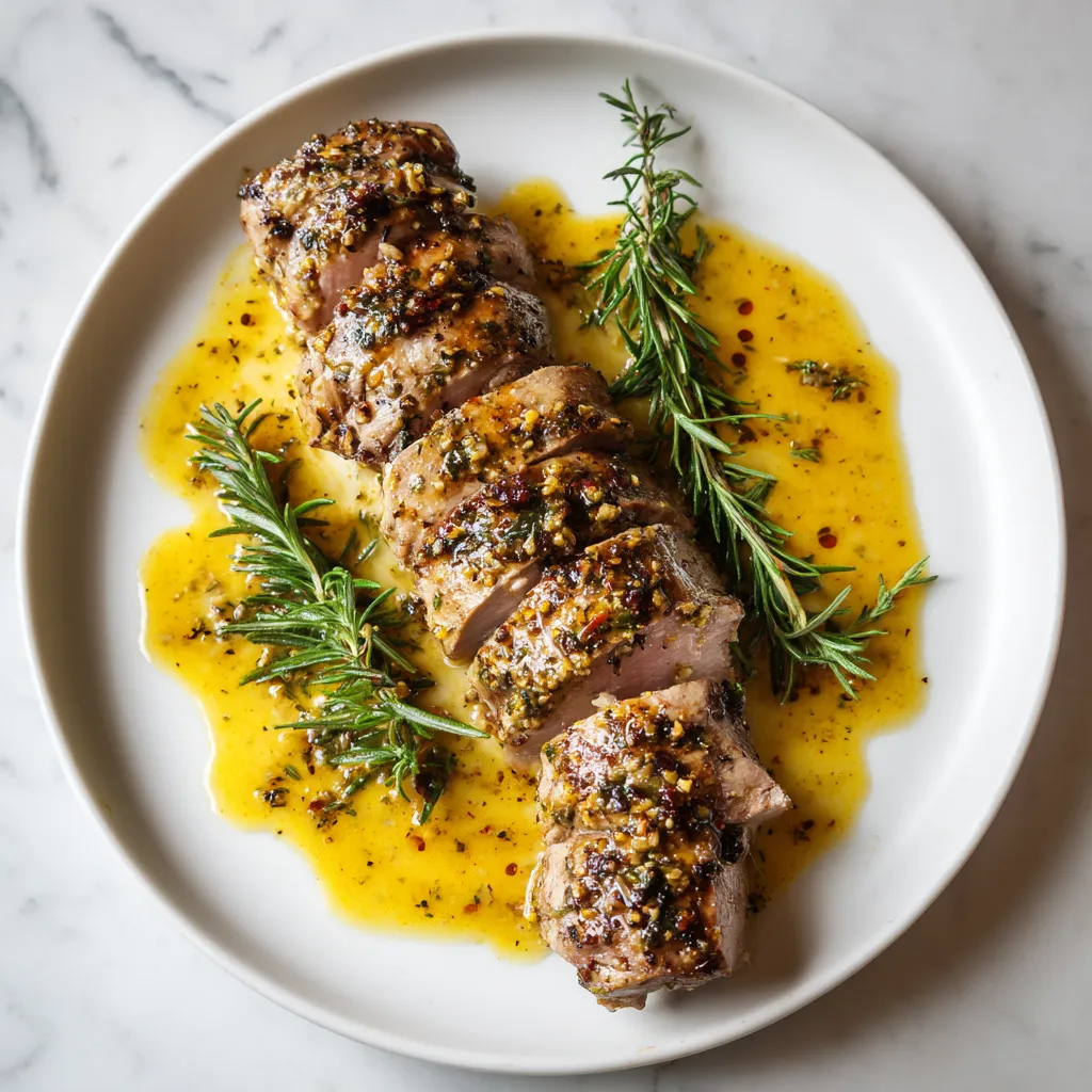 Ein weißer Teller mit einer Portion von Rindfleisch, das mit einer Sauce aus Senf und Kräutern garniert ist.