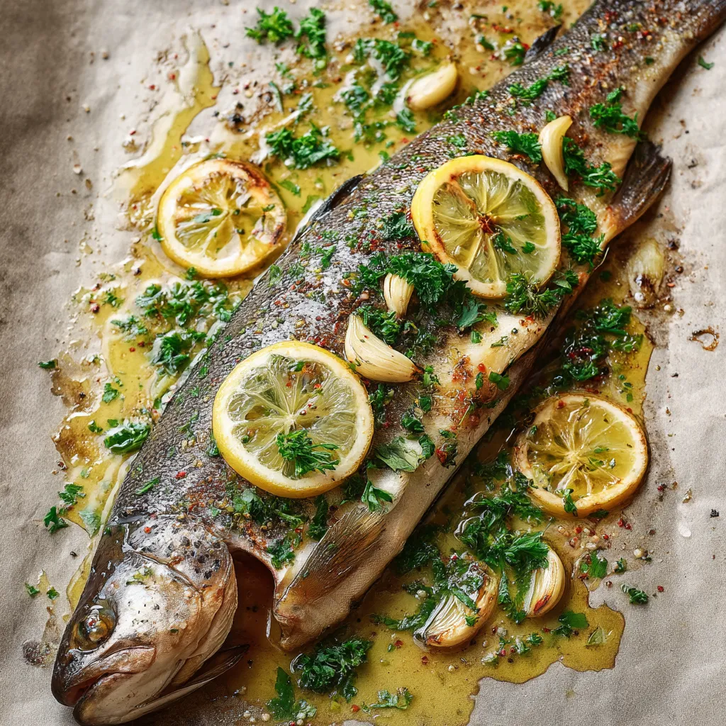 Ein gegrillter Fisch mit Butter und Zitrone.