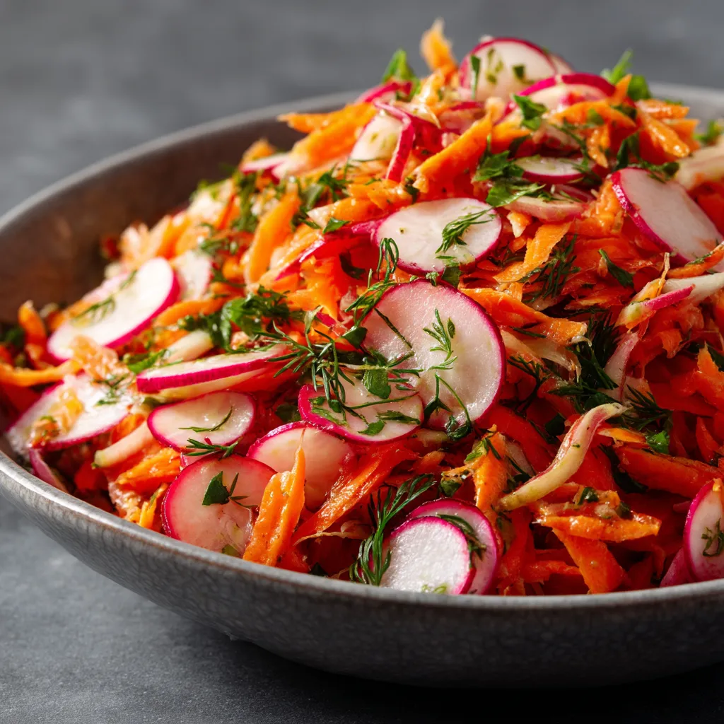 Ein Schüssel mit einer Mischung aus Paprika und Radish, garniert mit frischem Dill.