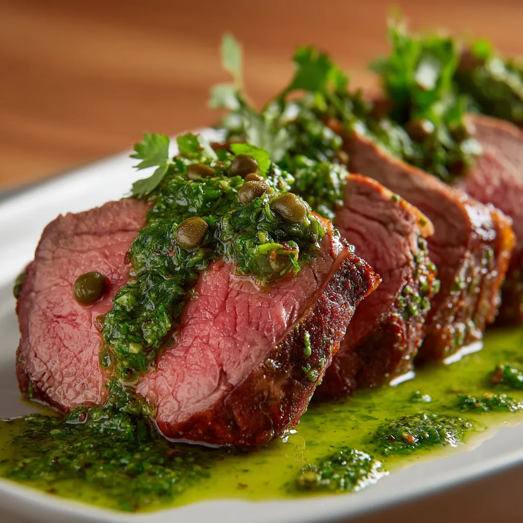 Ein Plate mit rohem Fleisch, das mit einer grünen Sauce garniert ist.