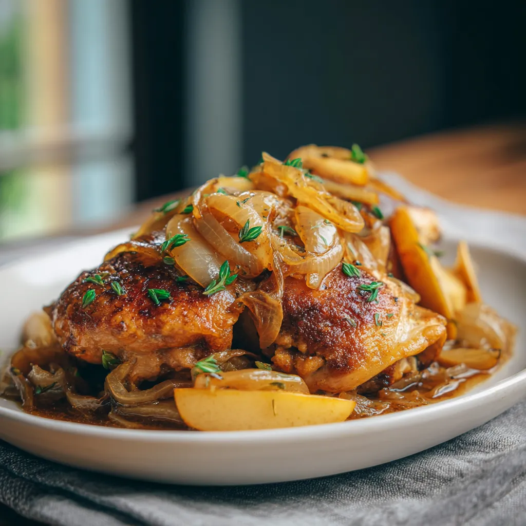 Ein Plate mit braisierten Chicken-Thighs, die mit Zwiebeln und Wein garniert sind.
