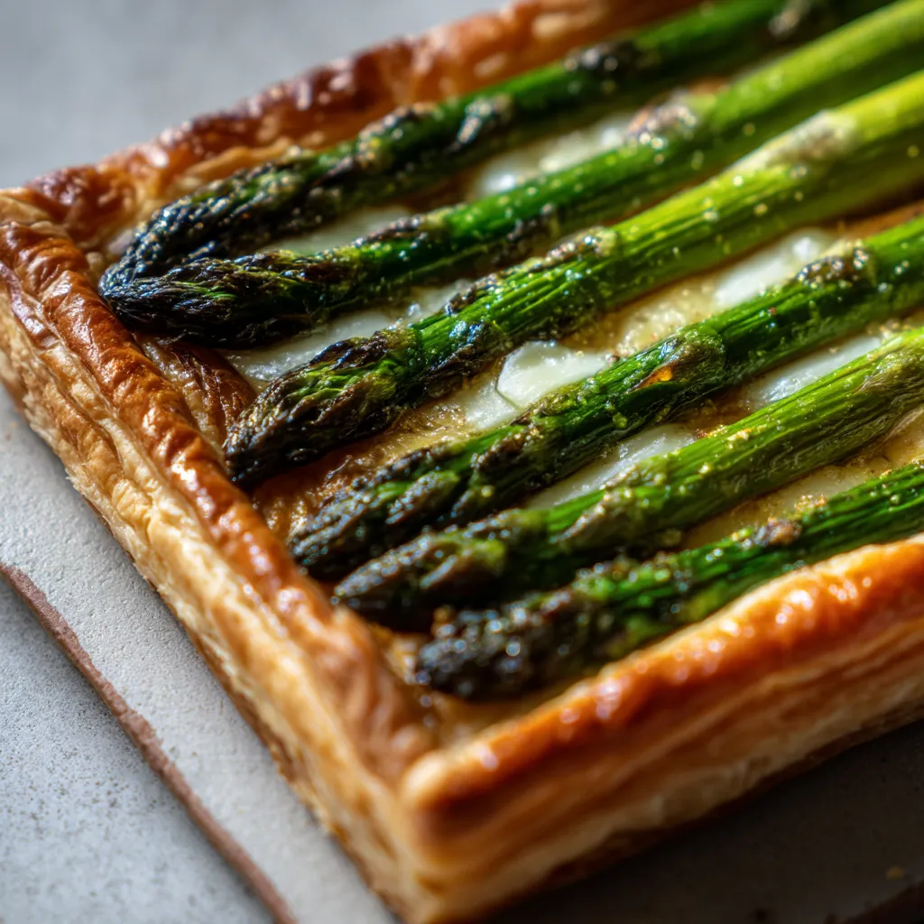 Ein Asparagus Tart mit Puff Pastry auf einem Teller.
