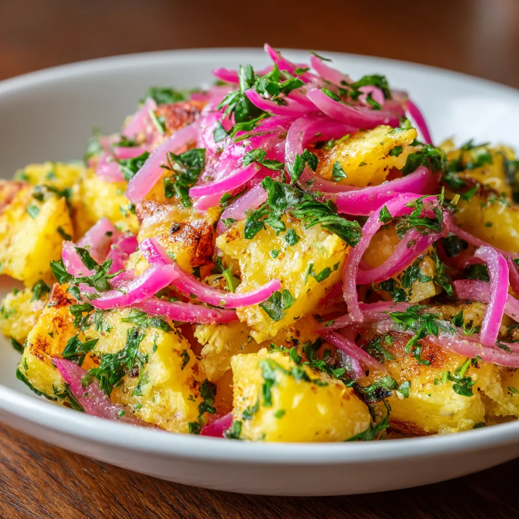 Ein weißer Teller mit saffronen Paprika-Salat und Pickled Onion.
