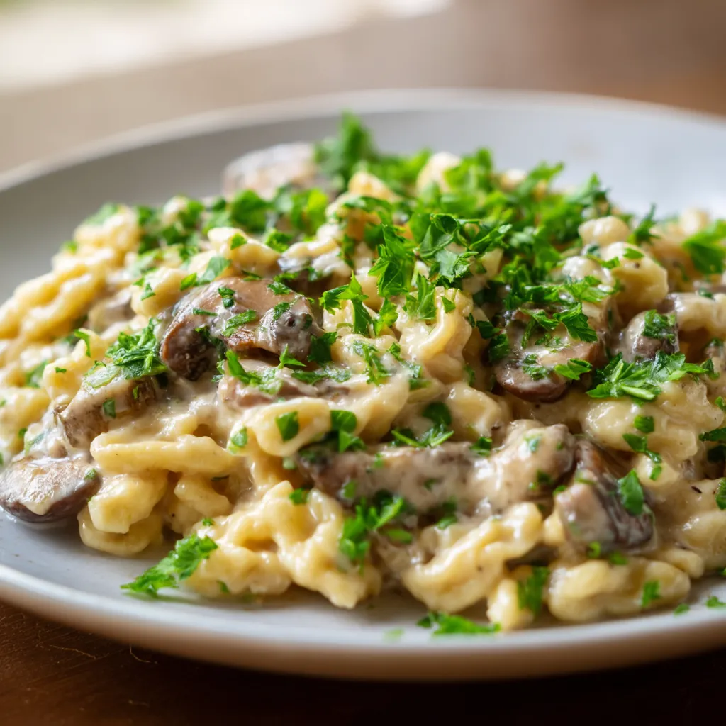 Ein Plate mit Spaetzle, die mit Mushroom Cream garniert sind.