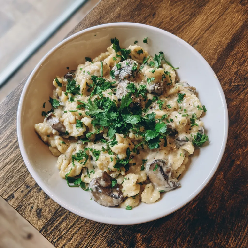 Ein weißer Teller mit Spaetzle und Champignons.