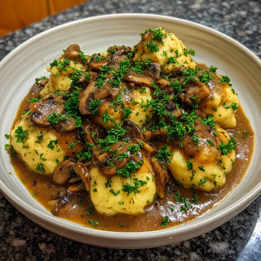 Schlesische Klöße mit Pilzsoße in einer Schüssel serviert.