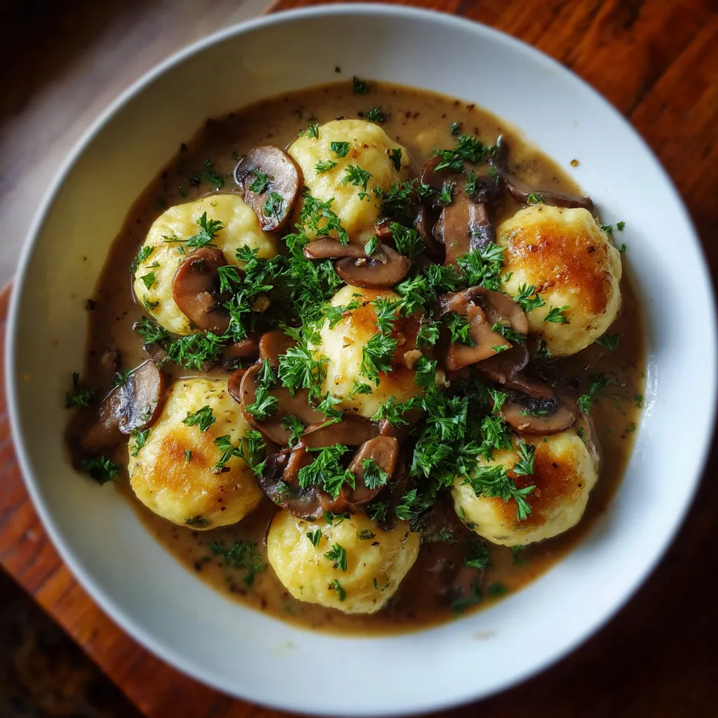 Auf dunklem Hintergrund: Schlesische Klöße, frische Champignons und herzhafte Pilzsoße in einer Schale.