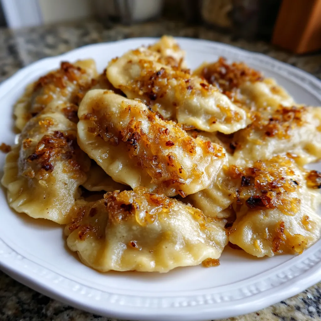 Auf einem weißen Teller siehst du jede Menge Pierogi mit Buchweizen und Zwiebel – einfach lecker und typisch polnisch.