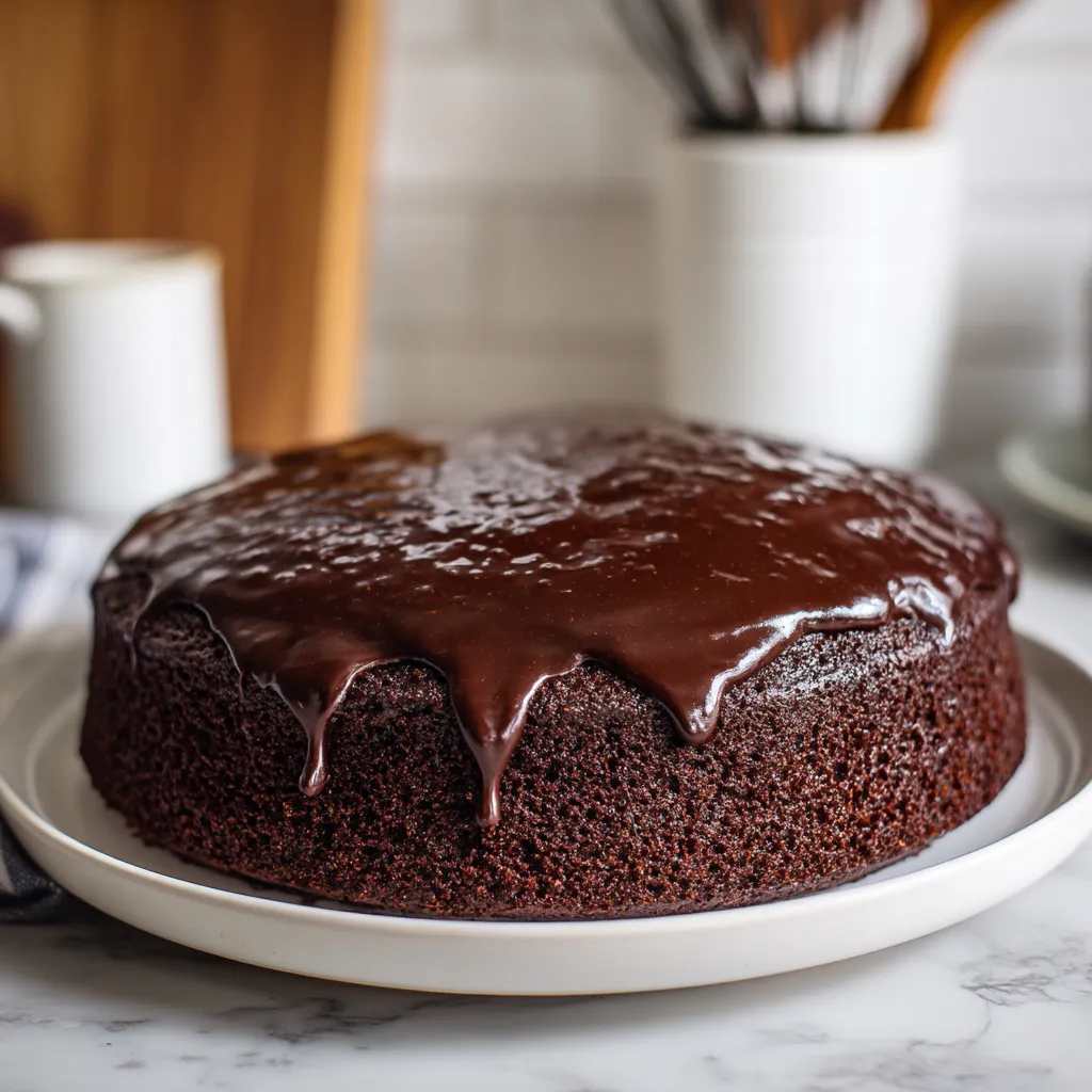 Ein Schokokuchen mit einer Schicht von Saftigem Schokoladen auf einer Platte.