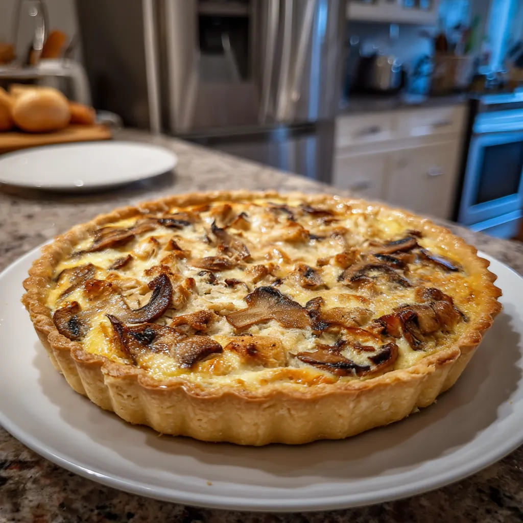 Eine Quiche mit Hähnchen, Pilz und Brie auf einem weißen Teller.