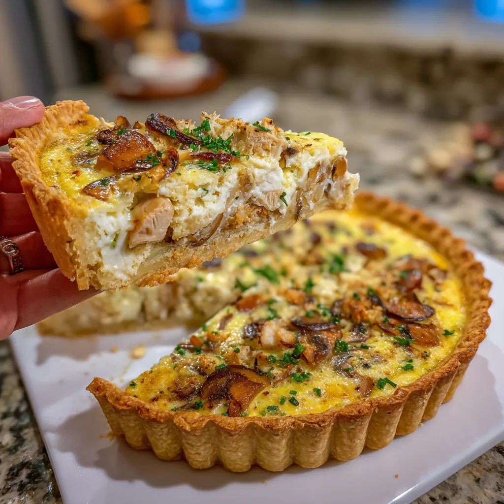Eine Person hält eine halbe Quiche mit Hähnchen, Pilz und Brie in der Hand.