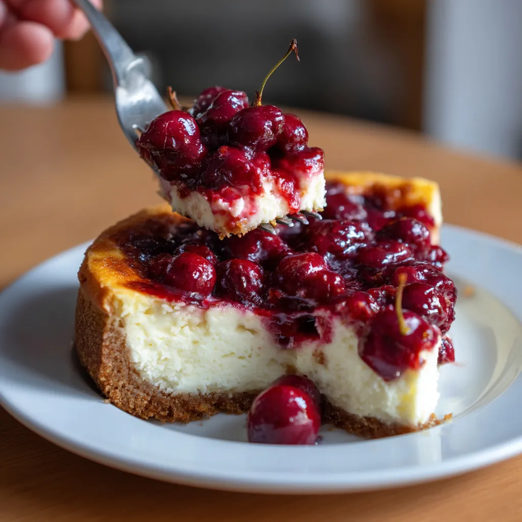 Ein Käsekuchen mit Kirschen auf einem weißen Teller.