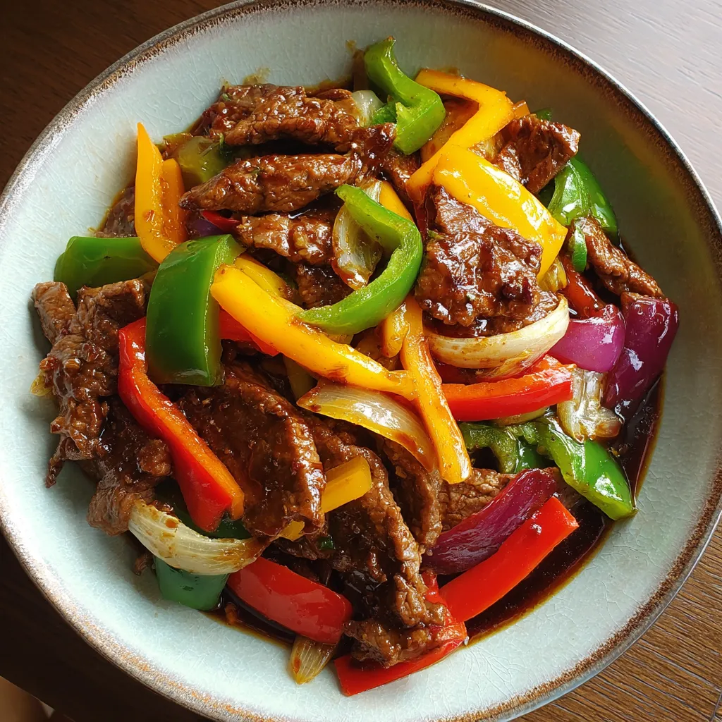 Ein Plate mit einer Mischung aus Rindfleisch, Paprika, Zwiebeln und Peperoni.