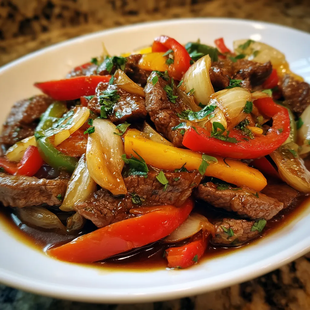 Ein weißer Teller mit einer Mischung aus Rindfleisch, Paprika, Zwiebeln und Onion.