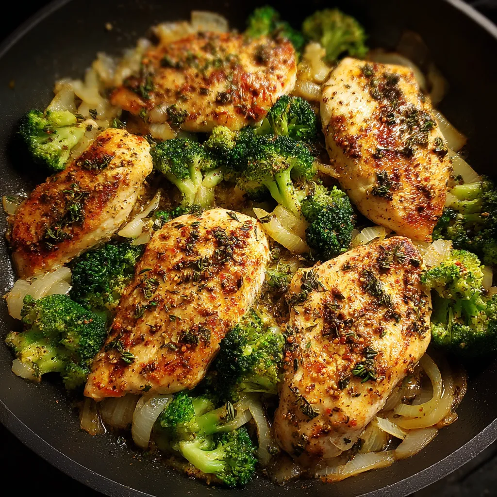 Ein Schmelztopf mit Hähnchenfilets, die mit Brokkoli und Zwiebeln garniert sind.