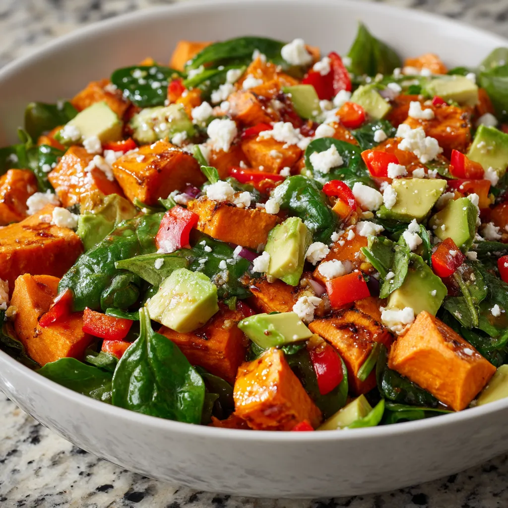 Ein prägnantes Bild, das einen Genussvollen Süßkartoffelsalat zeigt, mit vielen verschiedenen Zutaten wie Avocado, Tomaten, Paprika, Linsen, Koriander und vielen anderen. Es ist ein leckeres und gesundes Gericht, das man gerne genießen kann.