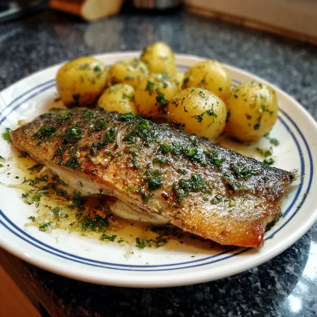 Ein weißer Teller mit einer gegrillten Fischfilet, die mit Herb-Butter und Kartoffeln garniert ist.