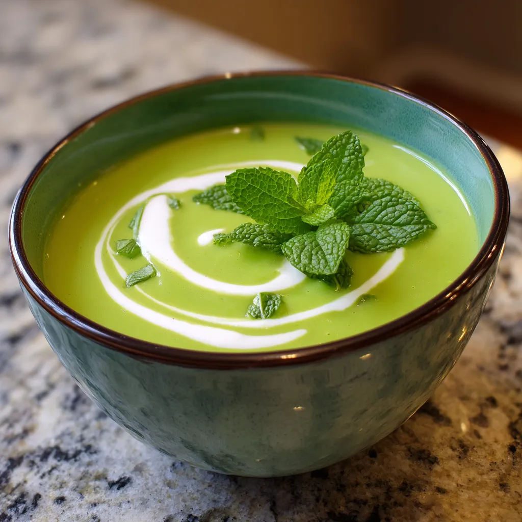 Ein Glas mit einer cremigen Mischung aus grünen Bohnen und Mint.