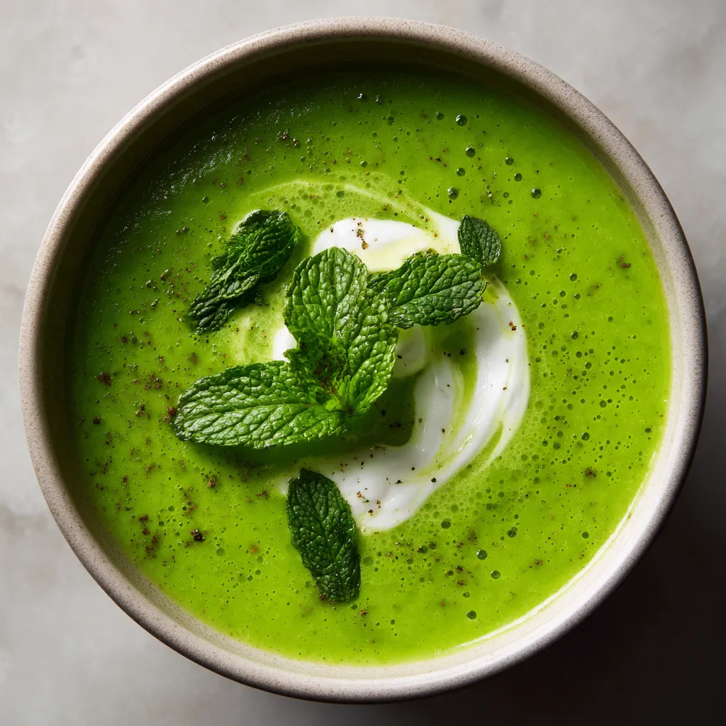 Ein Glas Chilled Green Pea Soup mit Crème Fraîche und Mint.