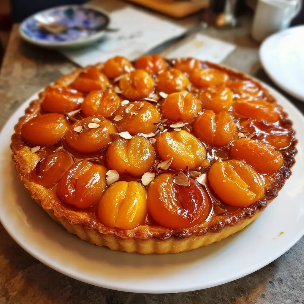 Ein Apricot and Almond Tart mit Honigglasur auf einem weißen Platter.