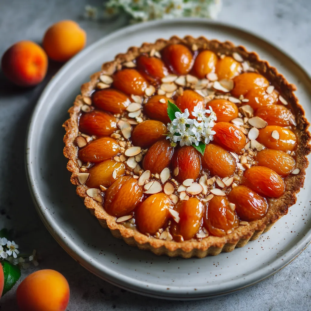 Ein Apricot and Almond Tart mit Honigglasur auf einem Teller.