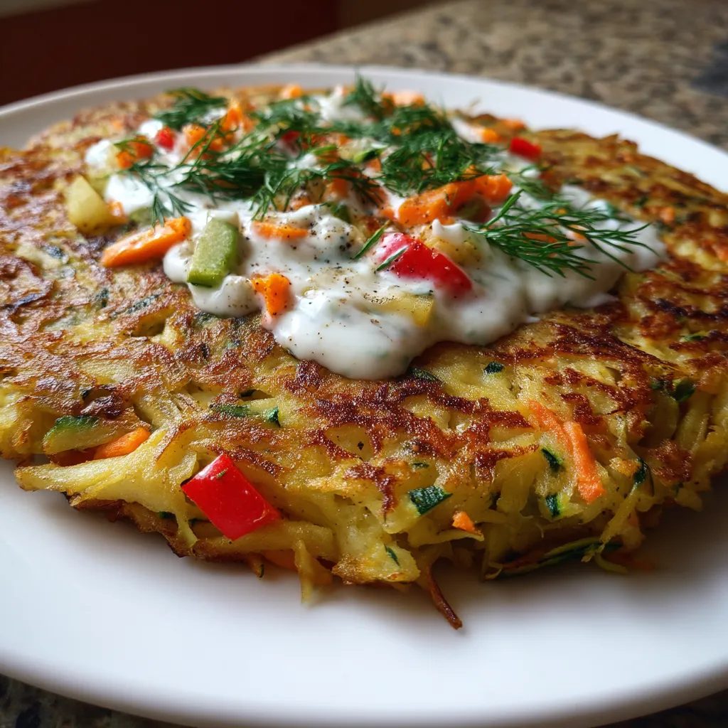 Ein Rösti mit einer Sauce aus Yogurt und Dill auf einem weißen Teller.