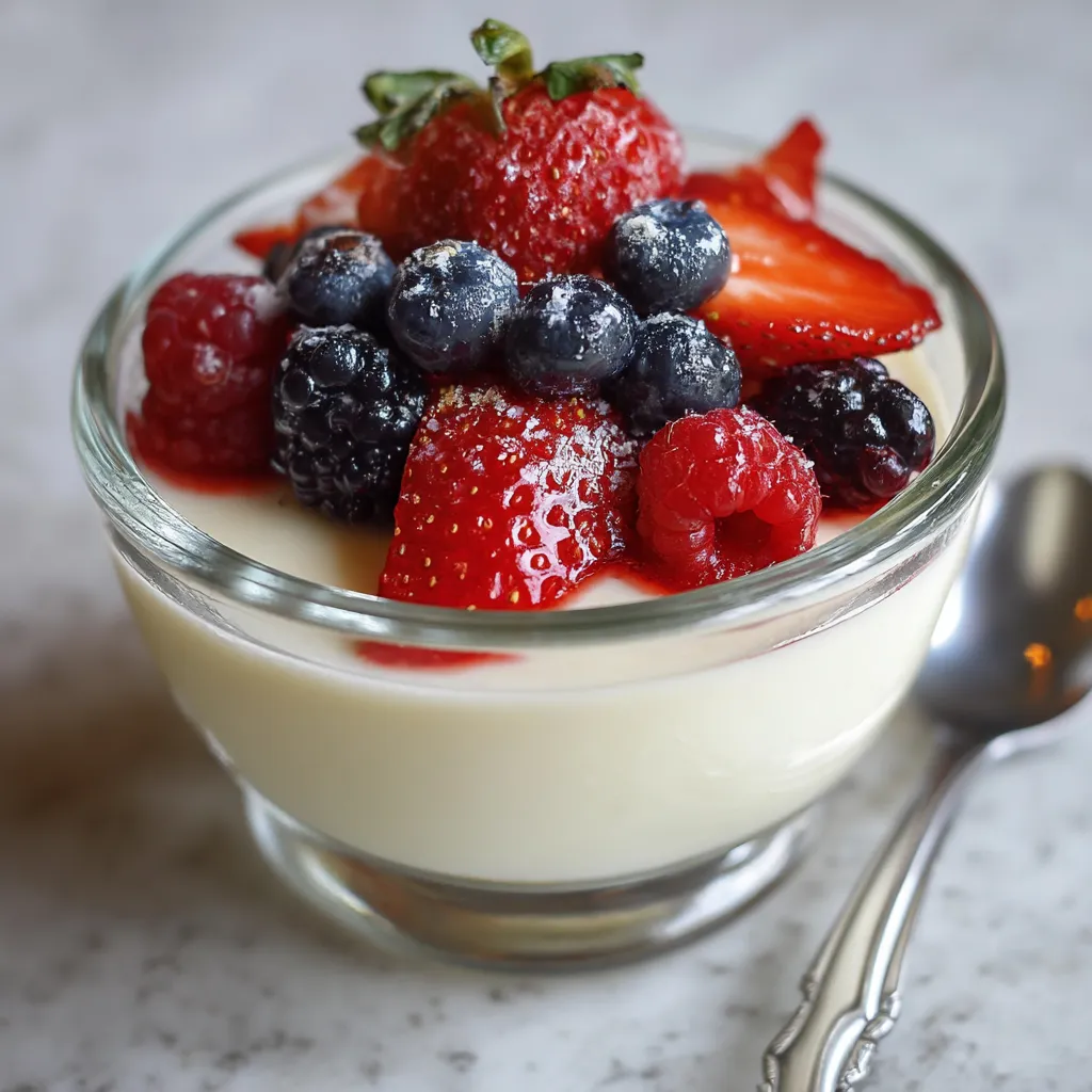 Ein Glas mit Panna Cotta und frischen Beeren.