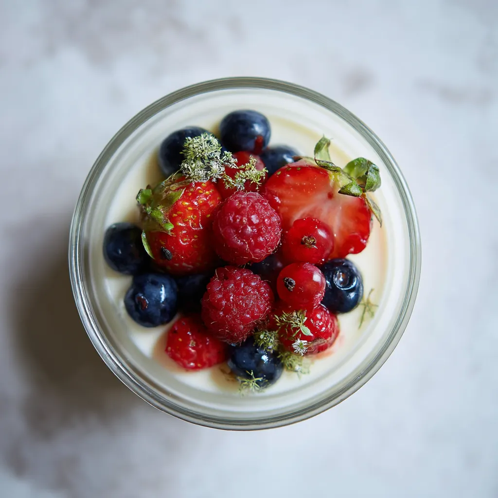 Ein Glas mit einer Panna Cotta, die mit Elderflower und frischen Beeren geschmückt ist.