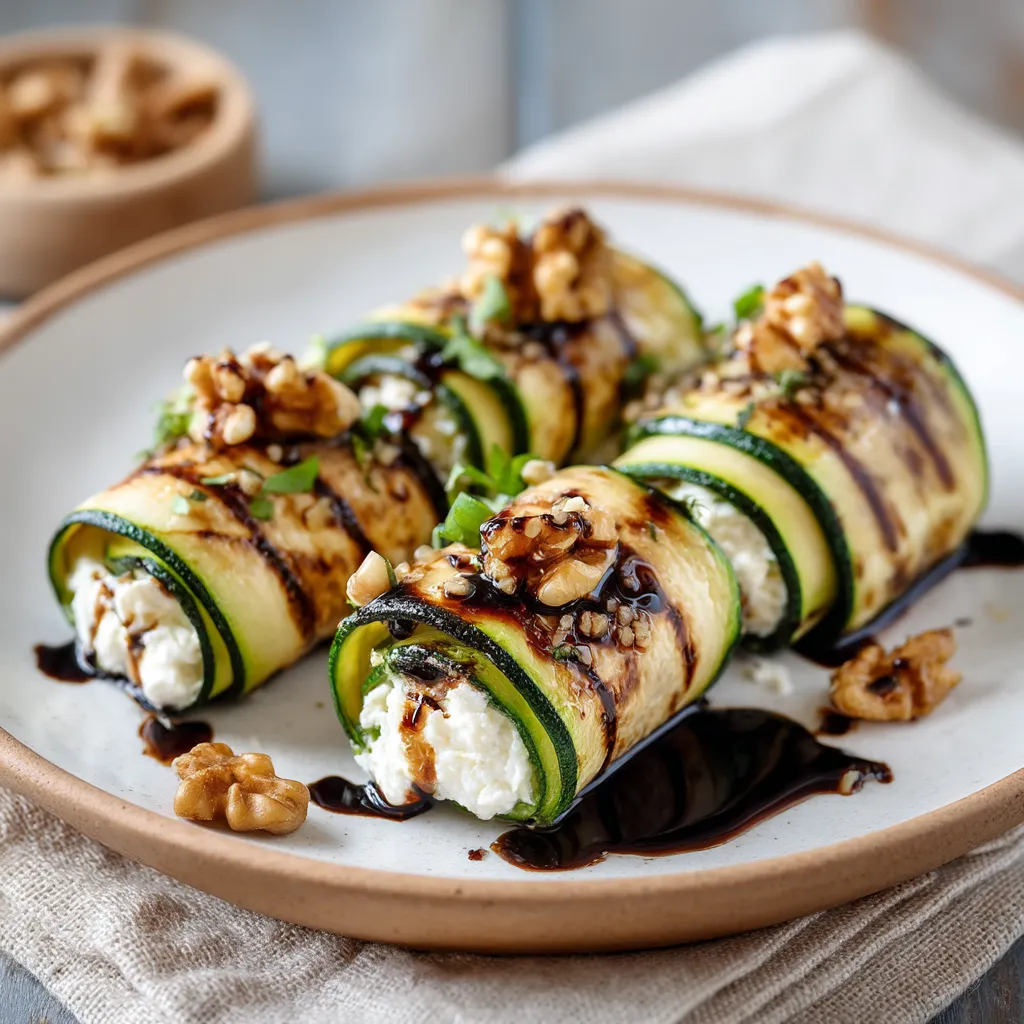 Ein Plate mit Grilled Zucchini Rolls mit Goat Cheese und Walnuts.