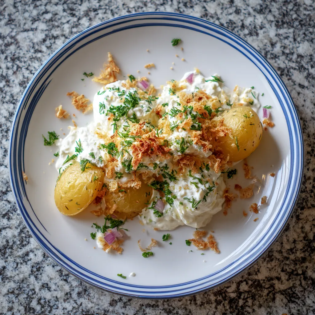 Ein weißer Teller mit einer Mischung aus Kartoffeln, Kräutern und Quark.
