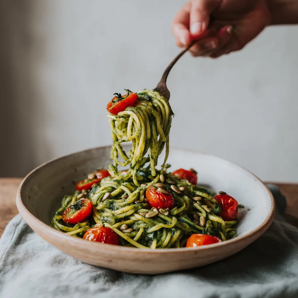 Ein Bild von einer Schüssel mit Zucchini-Nudeln, die mit Pesto und gerösteten Sonnenblumenkernen garniert sind.