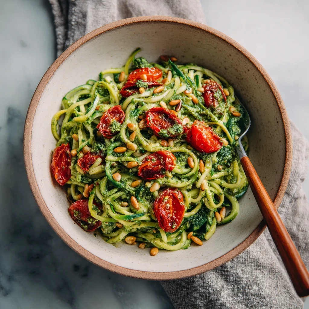 Ein weißer Teller mit Zucchini-Nudeln, die mit Pesto und gerösteten Sonnenblumenkernen garniert sind.