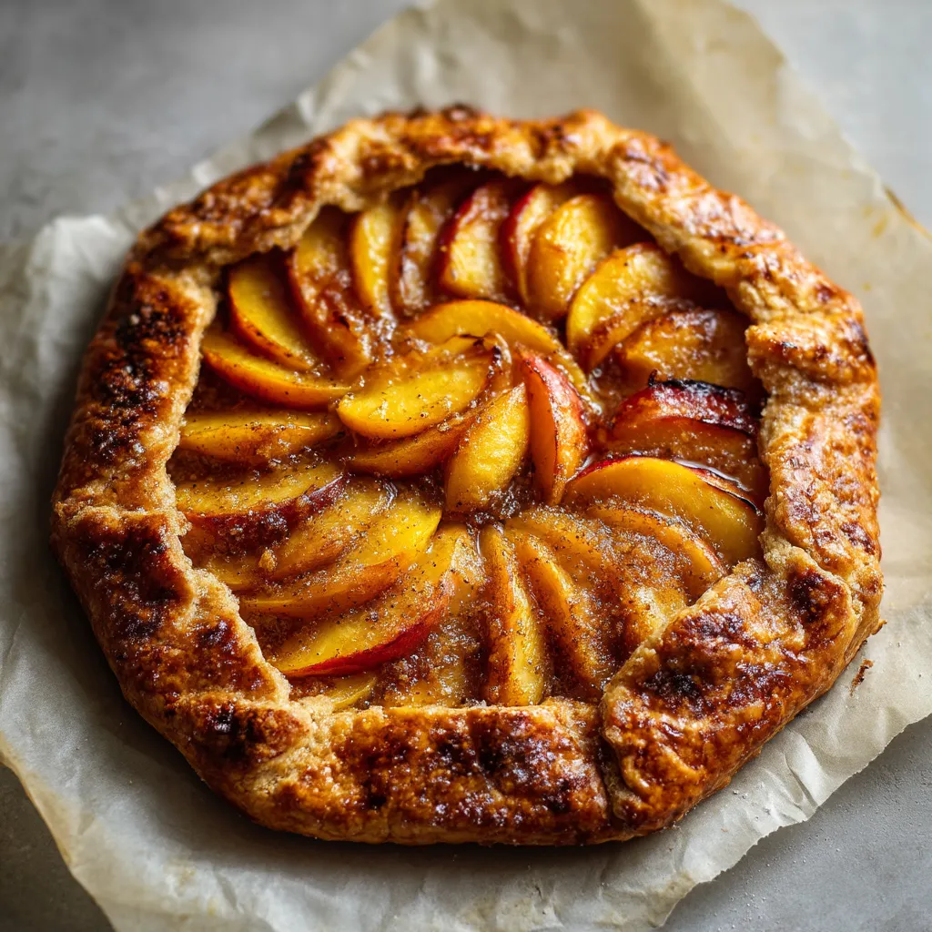 Eine Pfirsich-Galette mit Blätterteig auf einem Teller.