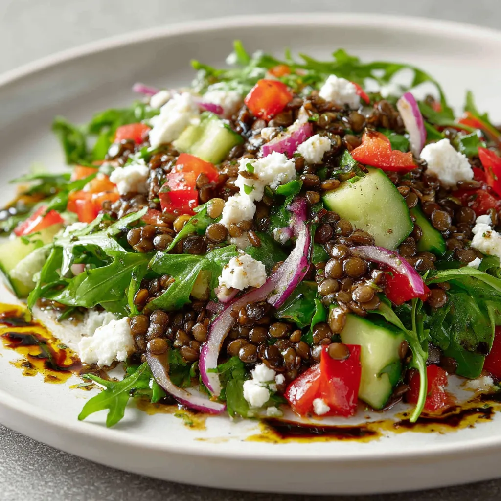 Ein sommerlicher Linsensalat mit Feta und Rucola auf einem weißen Teller.