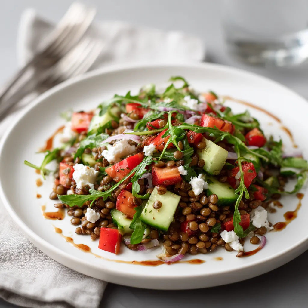 Ein weißer Teller mit einem sommerlichen Linsensalat, der mit Feta und Rucola zubereitet wurde.