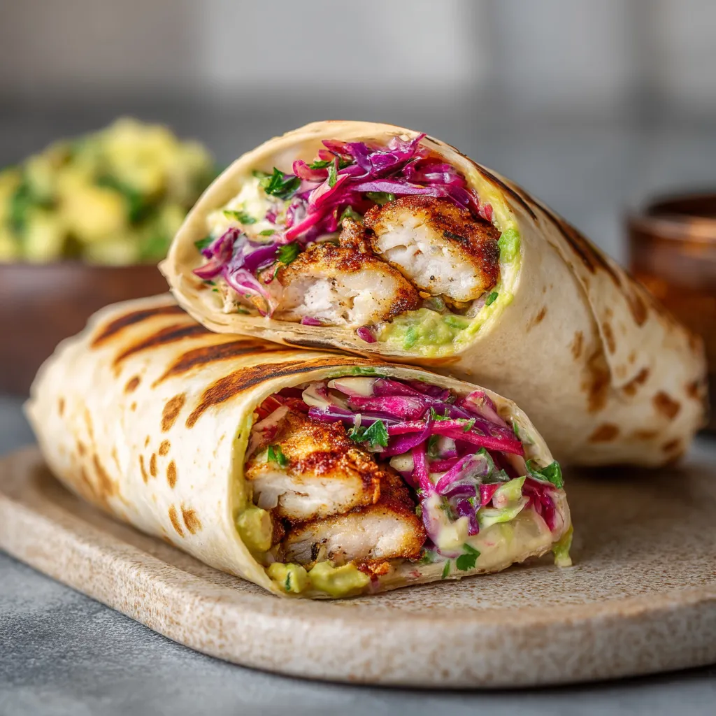 Ein Grilled Chicken Schnitzel Wrap mit Pickled Slaw auf einem Teller.