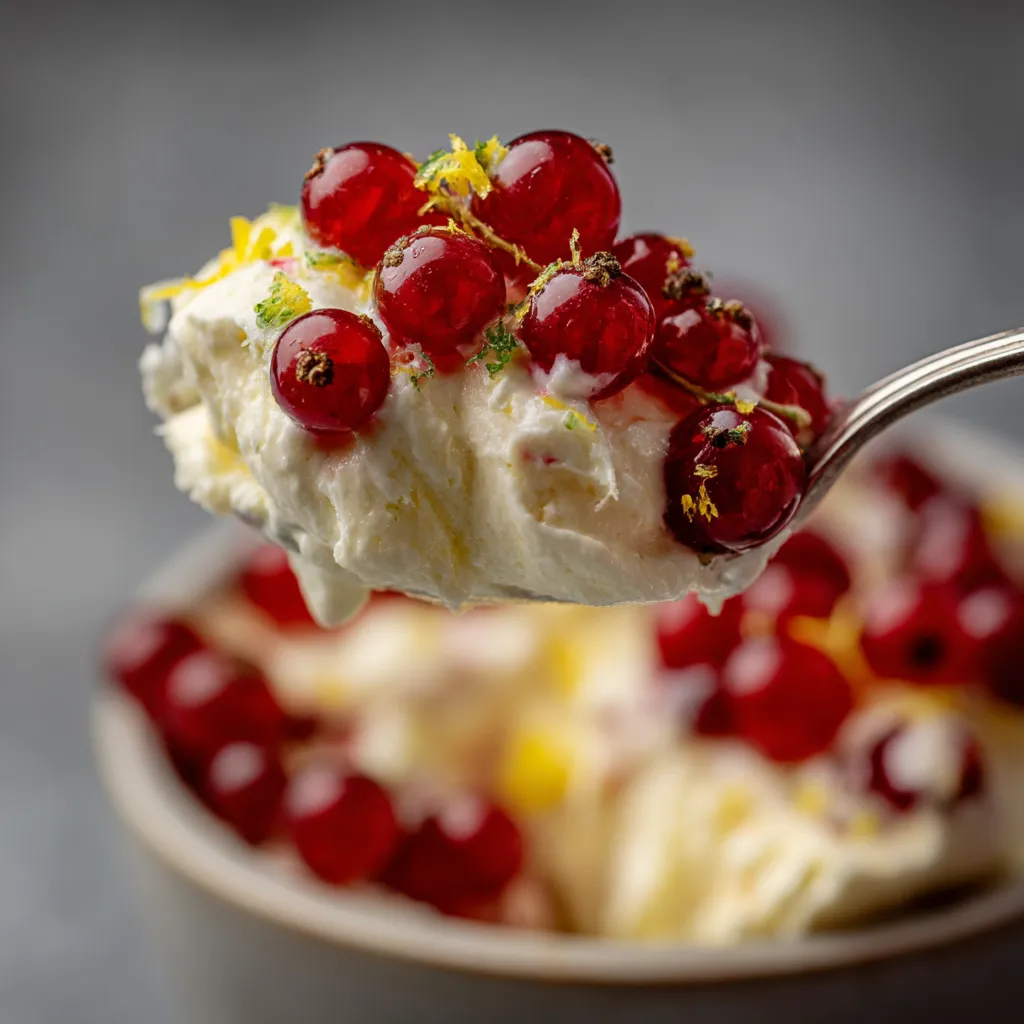 Eine Schüssel mit einem Gericht aus Quark, Zitronen und Beeren.