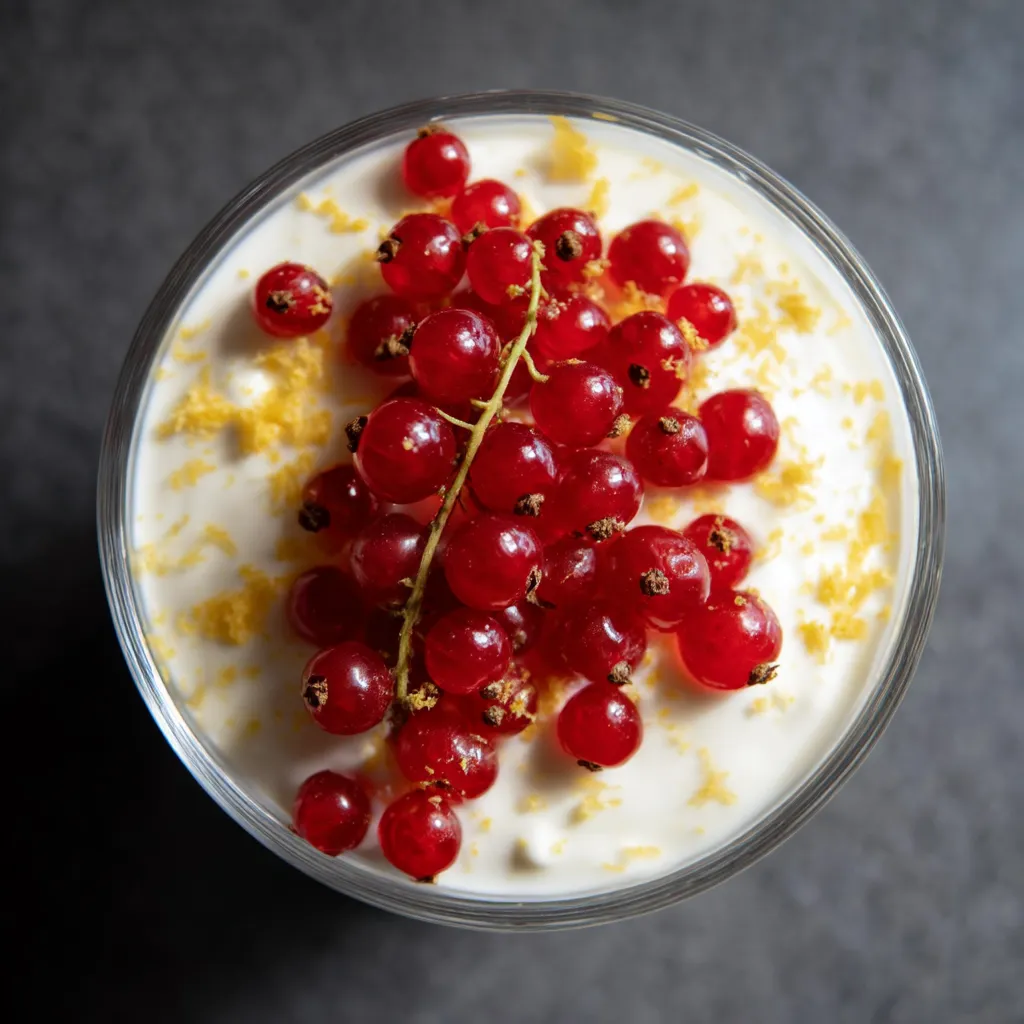 Ein Glas mit einer Mousse aus Quark, die mit roten Beeren und Zitronenpulver garniert ist.