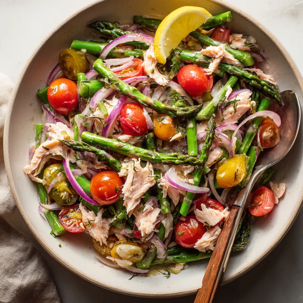 Ein Schalen mit einer Mischung aus Asparagus, Tomaten, Trout und einer Horseradish Vinaigrette.