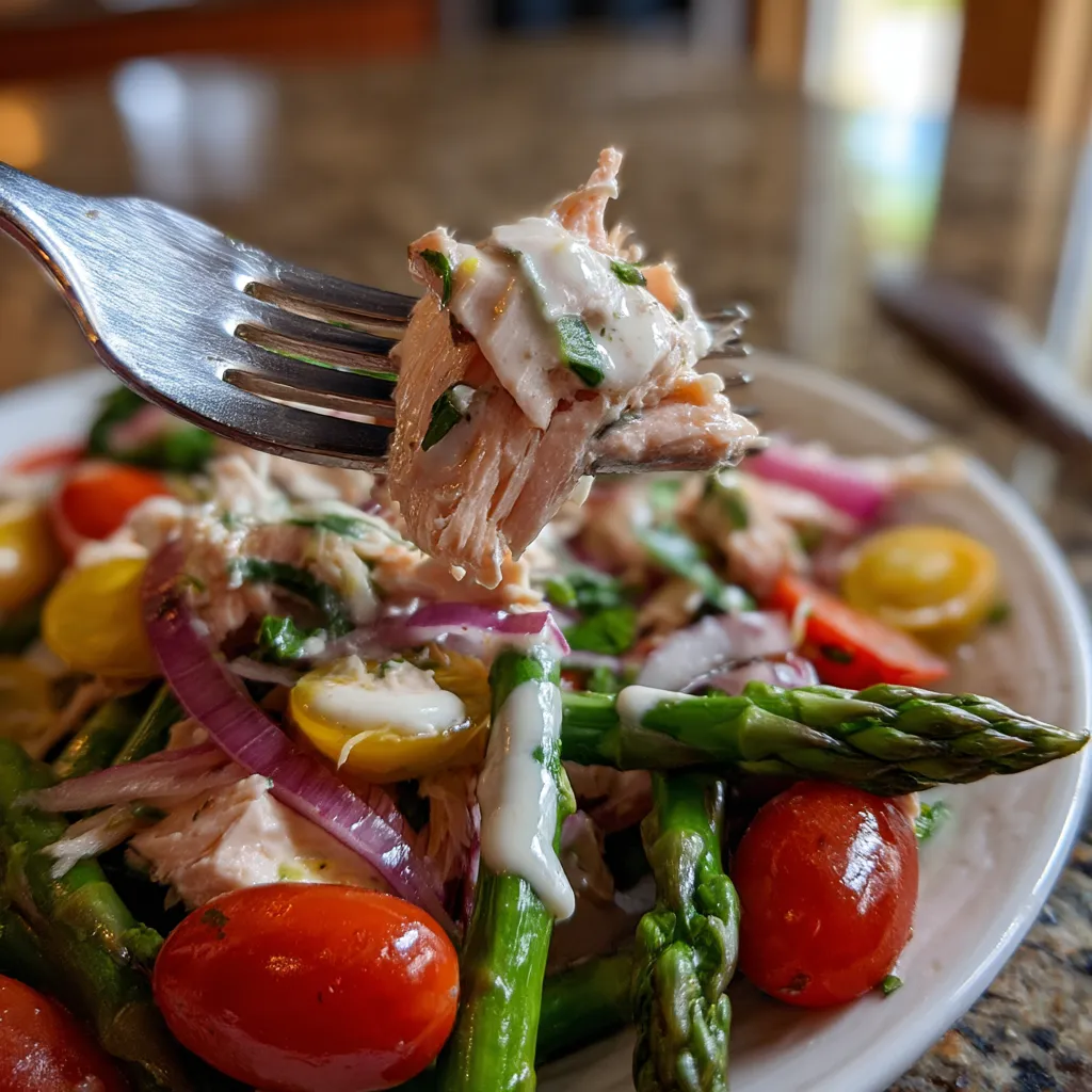 Ein gegrilltes Stück von Asparagus und Trout Salat mit einer Horseradish Vinaigrette.