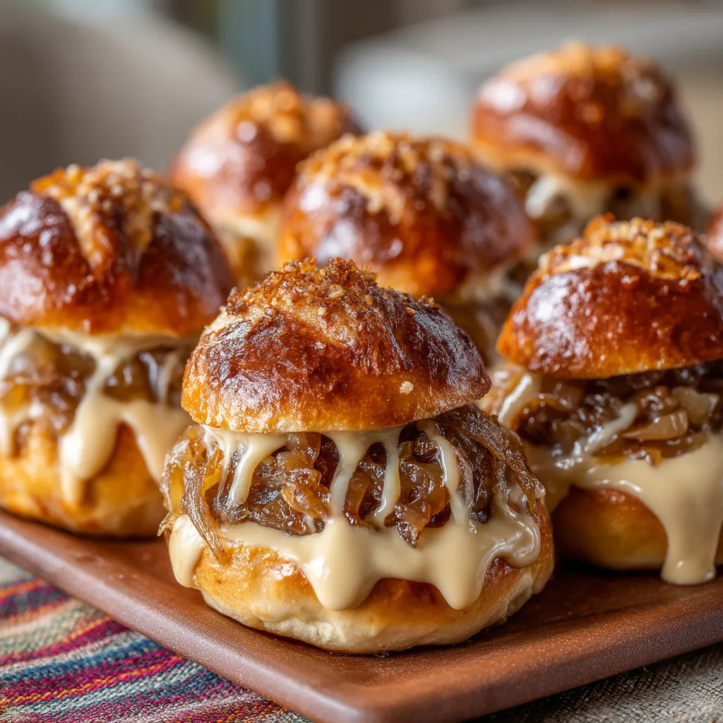 Ein Plate mit sechs Mini Pretzel Buns, die mit Beer-Caramelized Onions und Mustard Cream garniert sind.